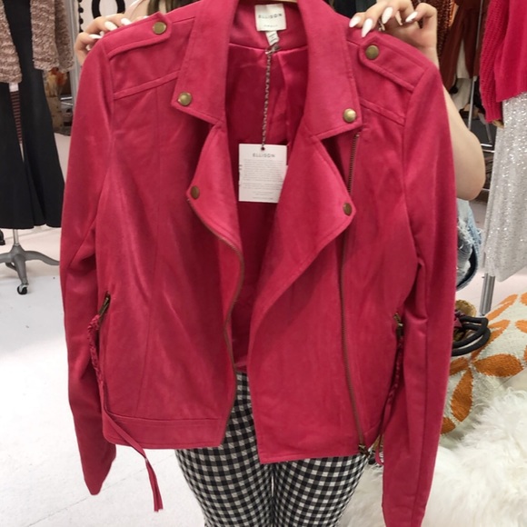 Bright Pink Faux Suede Moto Jacket | Small | NWT - Picture 1 of 6